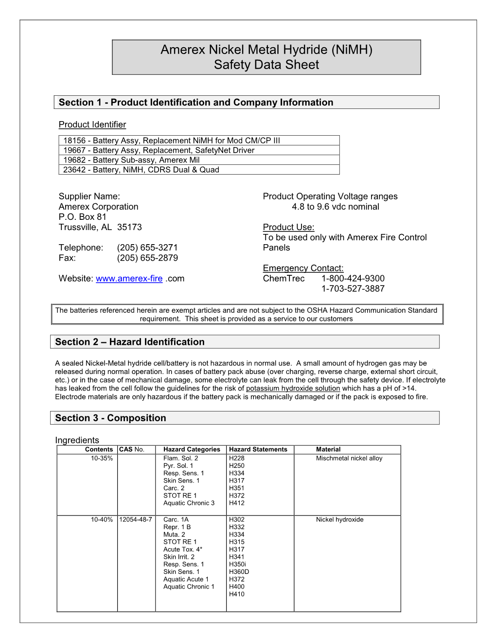 Nickel Metal Hydride (Nimh) Safety Data Sheet