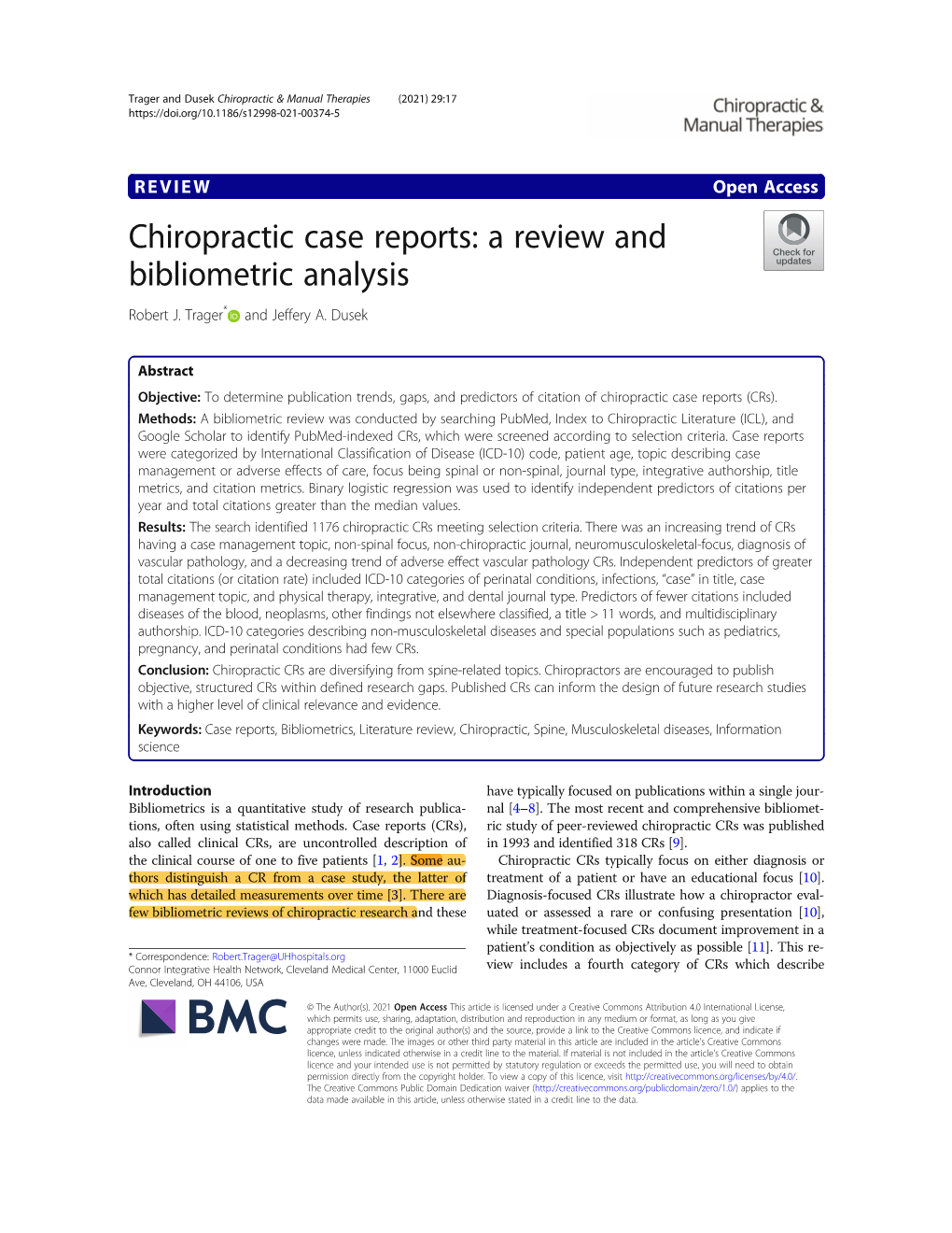 Chiropractic Case Reports: a Review and Bibliometric Analysis Robert J
