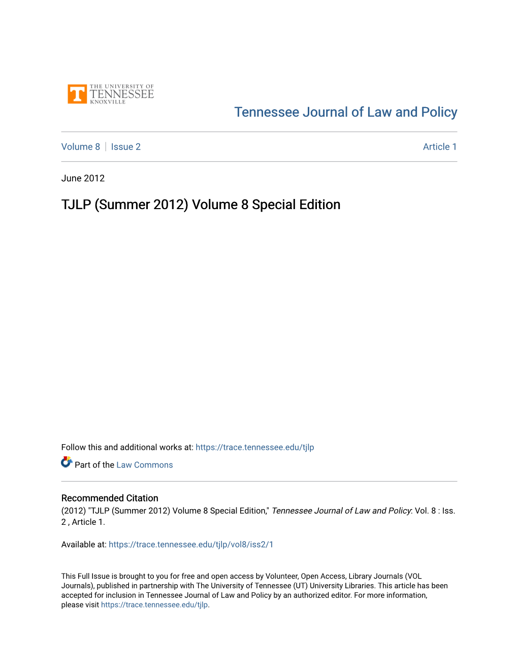 TJLP (Summer 2012) Volume 8 Special Edition