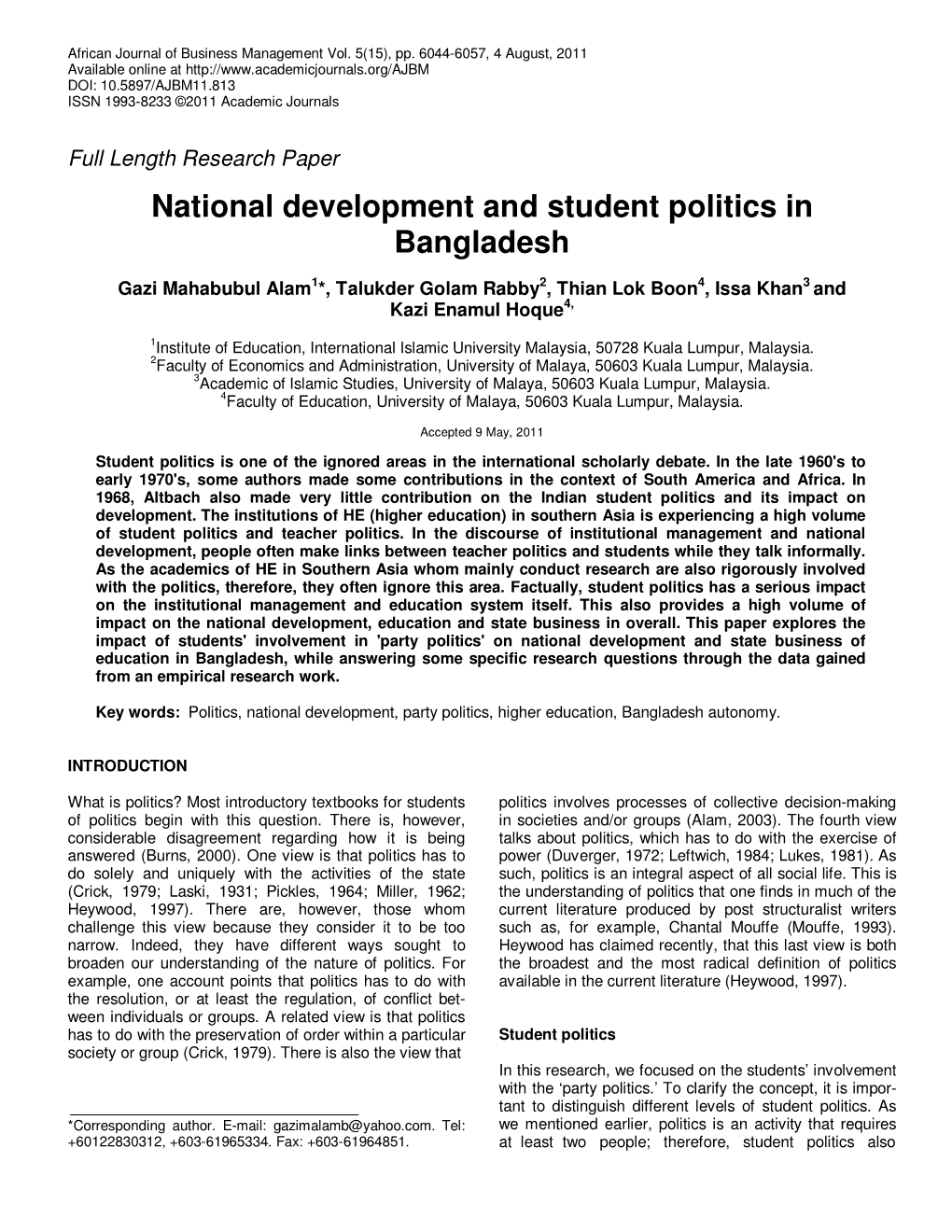 National Development and Student Politics in Bangladesh