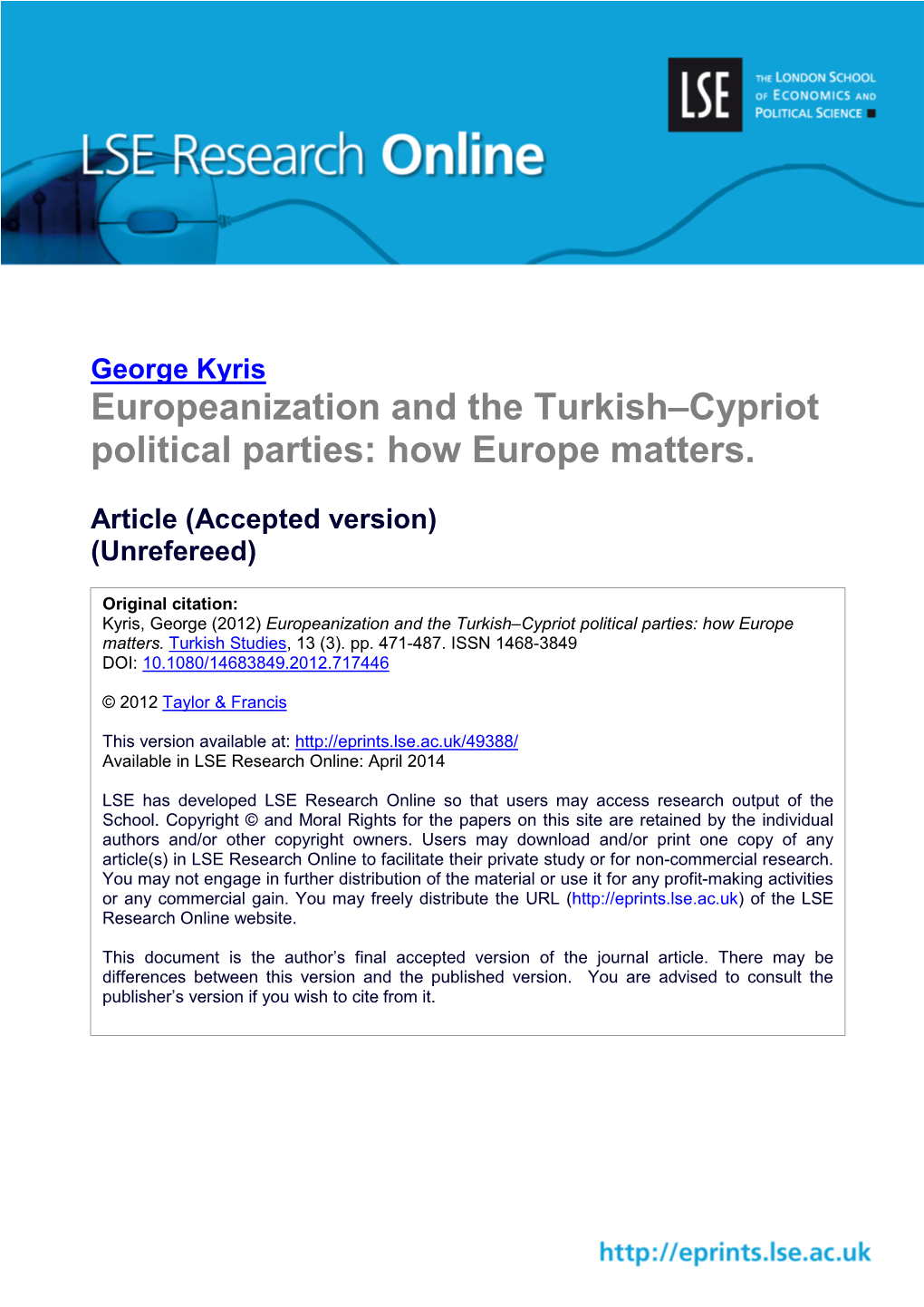 Europeanization and the Turkish–Cypriot Political Parties: How Europe Matters