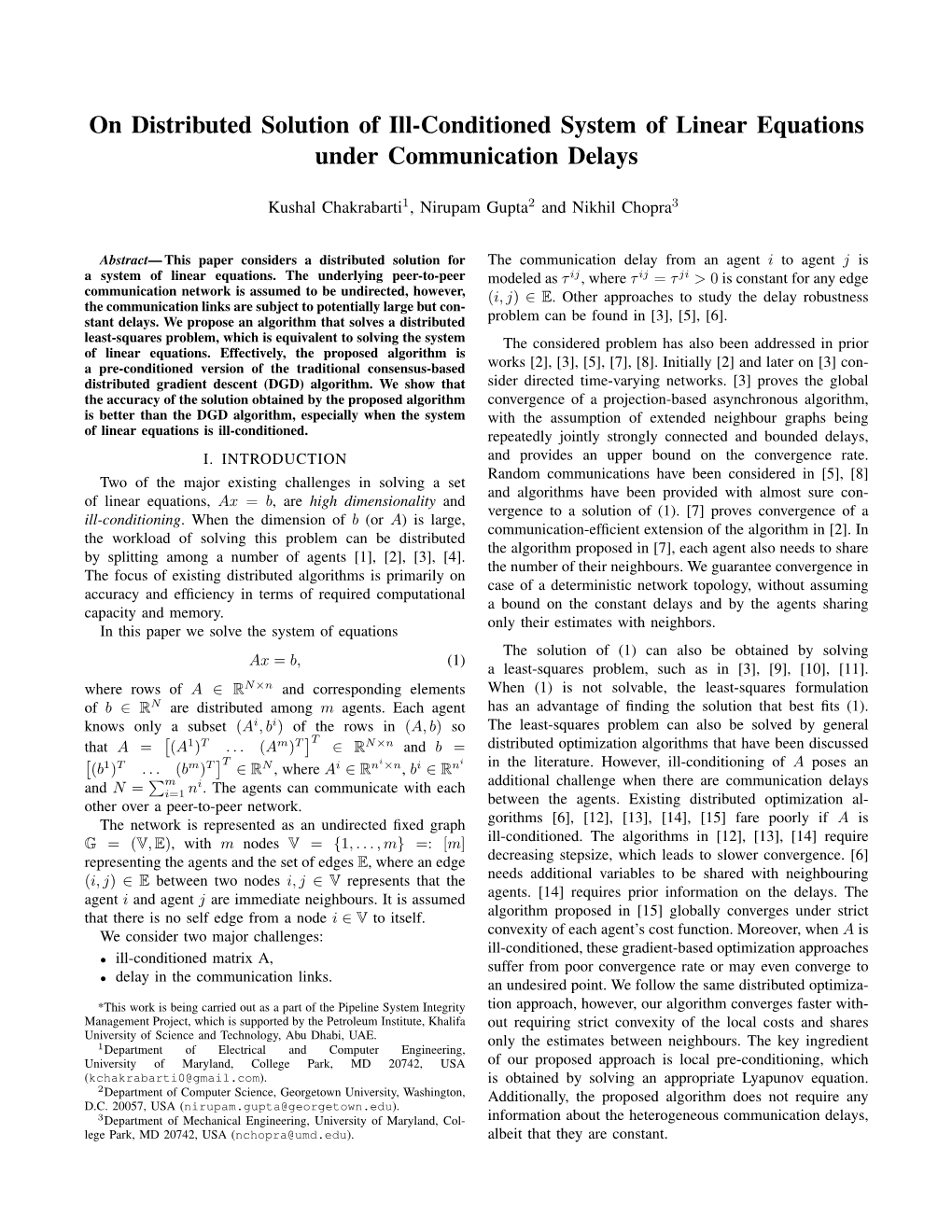 On Distributed Solution of Ill-Conditioned System of Linear Equations Under Communication Delays