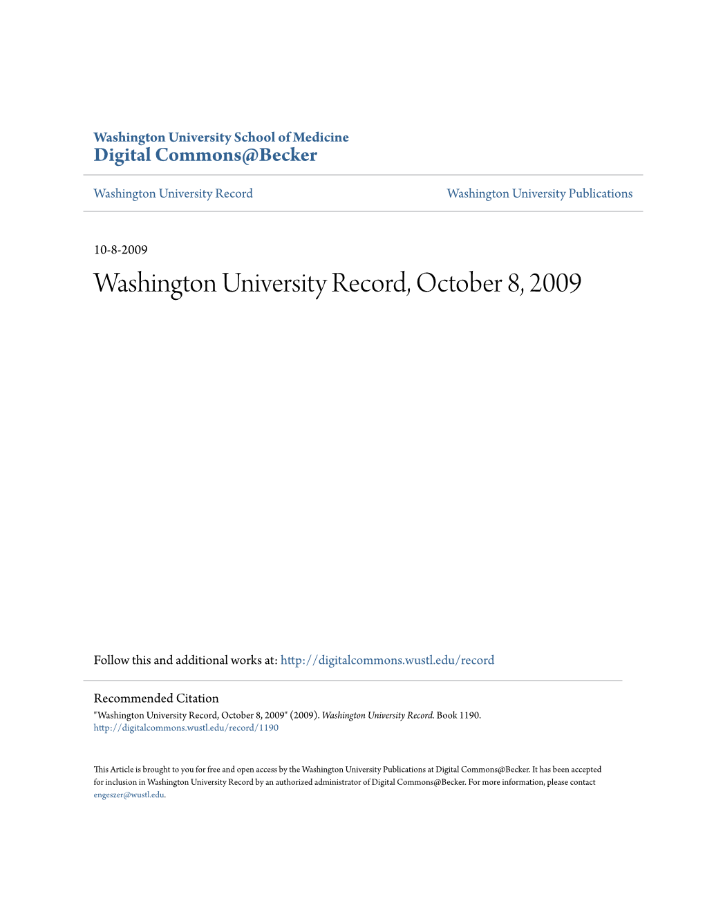 Washington University Record, October 8, 2009