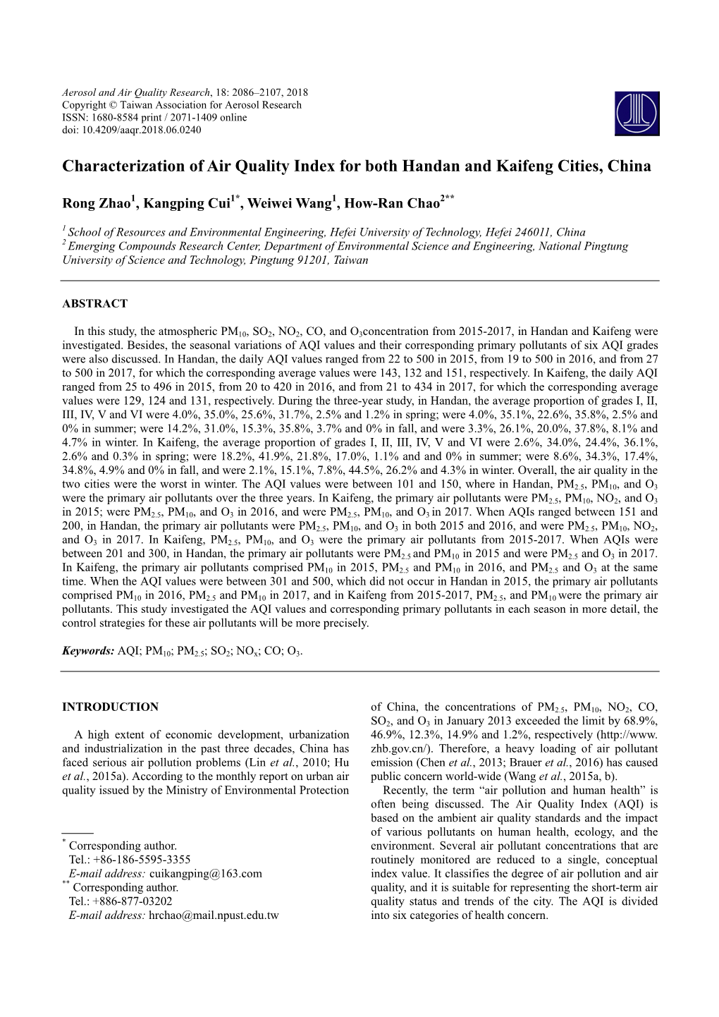 Characterization of Air Quality Index for Both Handan and Kaifeng Cities, China