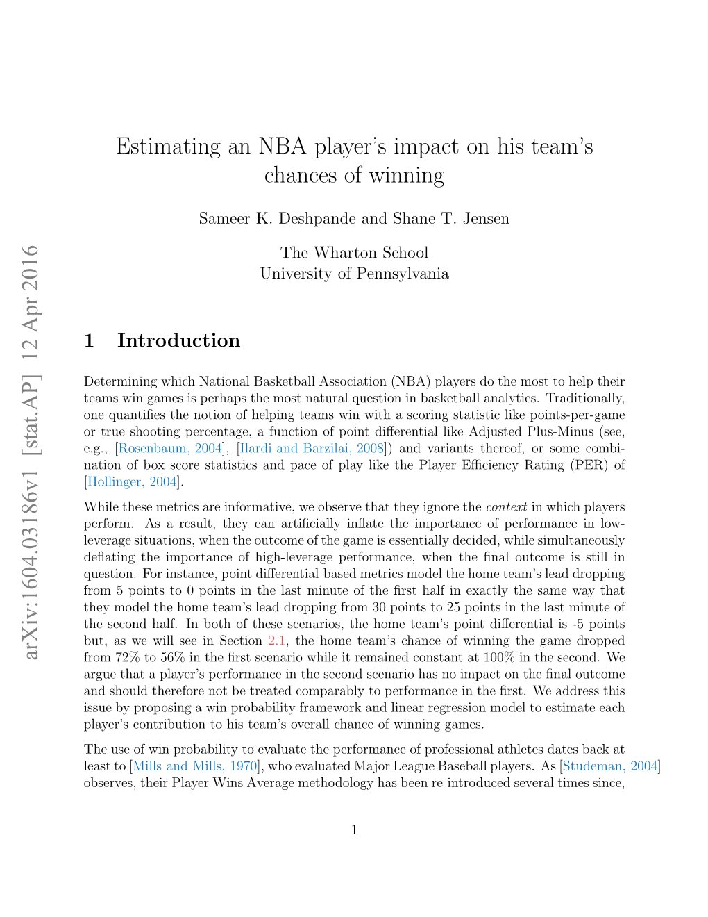 Estimating an NBA Player's Impact on His Team's Chances of Winning Arxiv