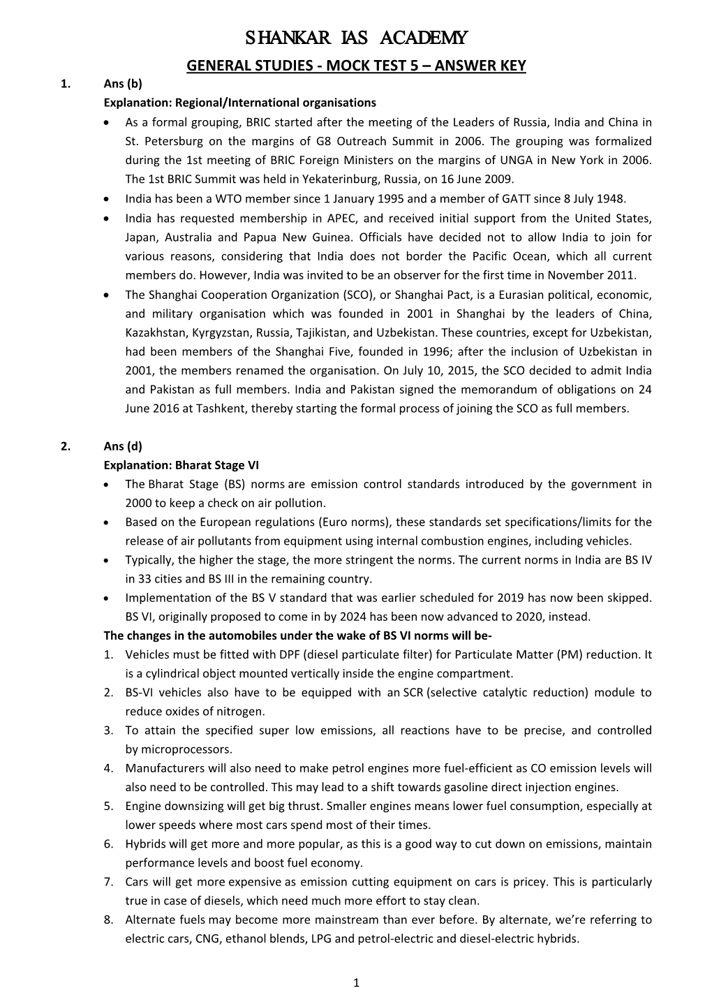 Shankar Ias Academy General Studies - Mock Test 5 – Answer Key 1