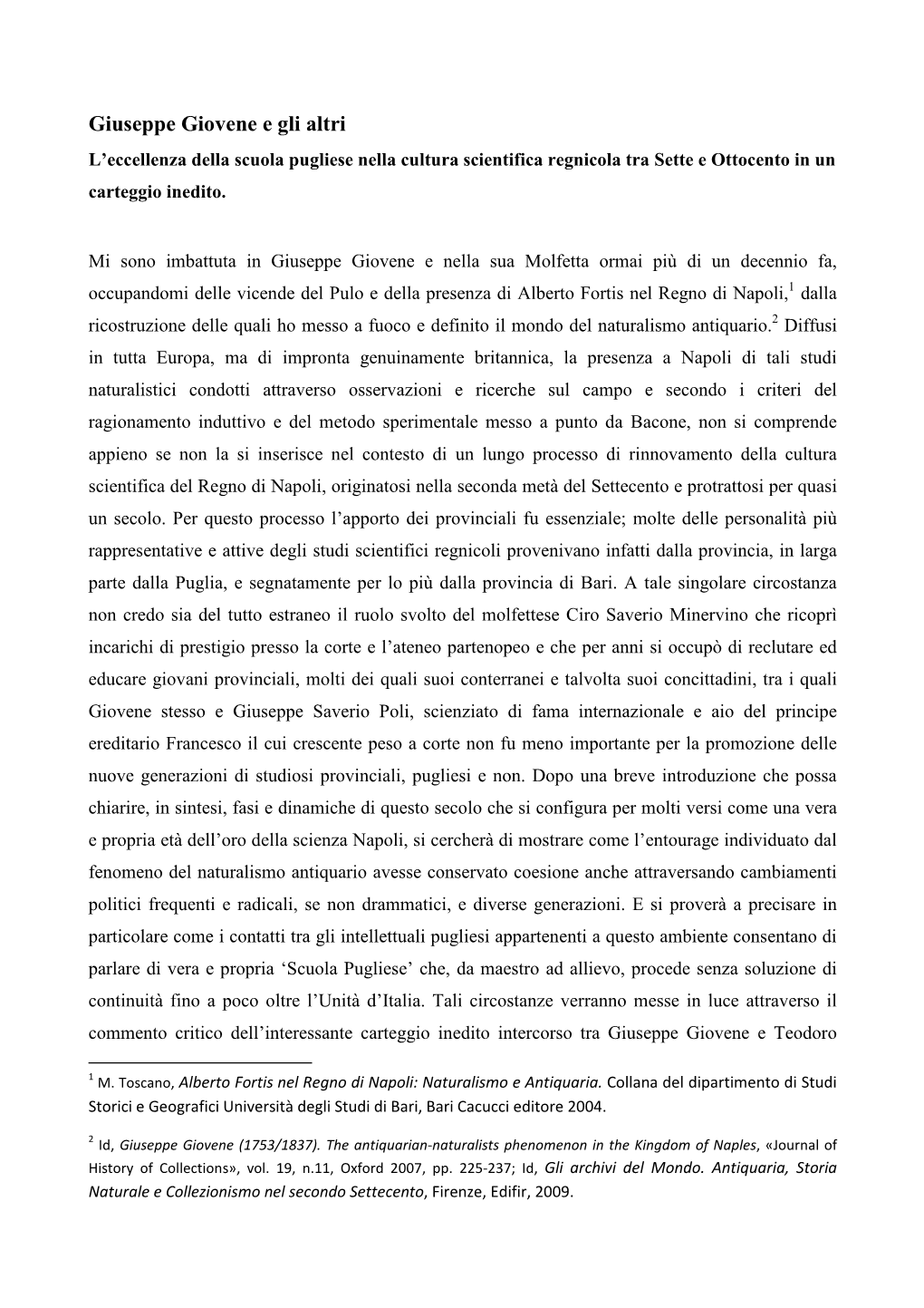 Giuseppe Giovene E Gli Altri L’Eccellenza Della Scuola Pugliese Nella Cultura Scientifica Regnicola Tra Sette E Ottocento in Un Carteggio Inedito