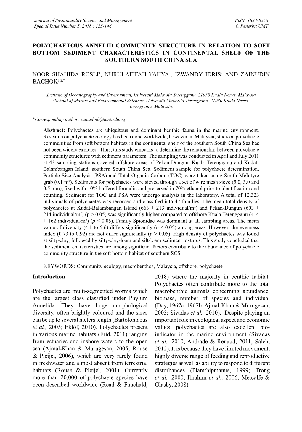 Polychaetous Annelid Community Structure in Relation to Soft Bottom Sediment Characteristics in Continental Shelf of the Southern South China Sea