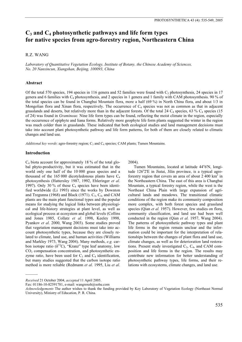 C3 and C4 Photosynthetic Pathways and Life Form Types for Native Species from Agro-Forestry Region, Northeastern China