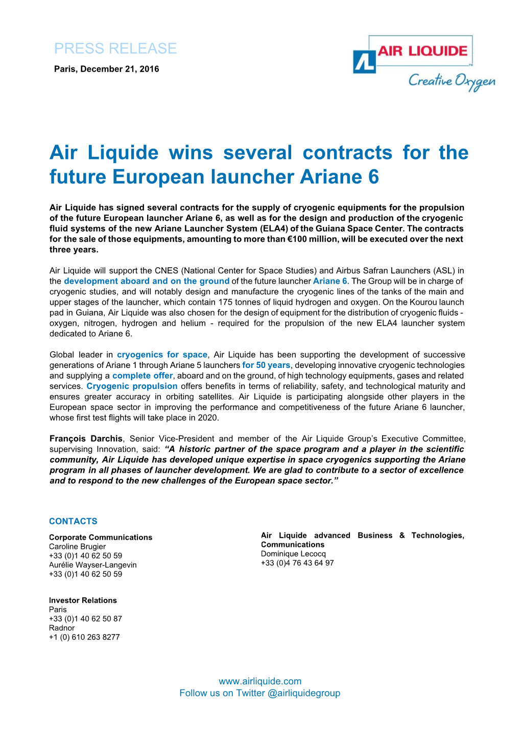 Air Liquide Wins Several Contracts for the Future European Launcher Ariane 6