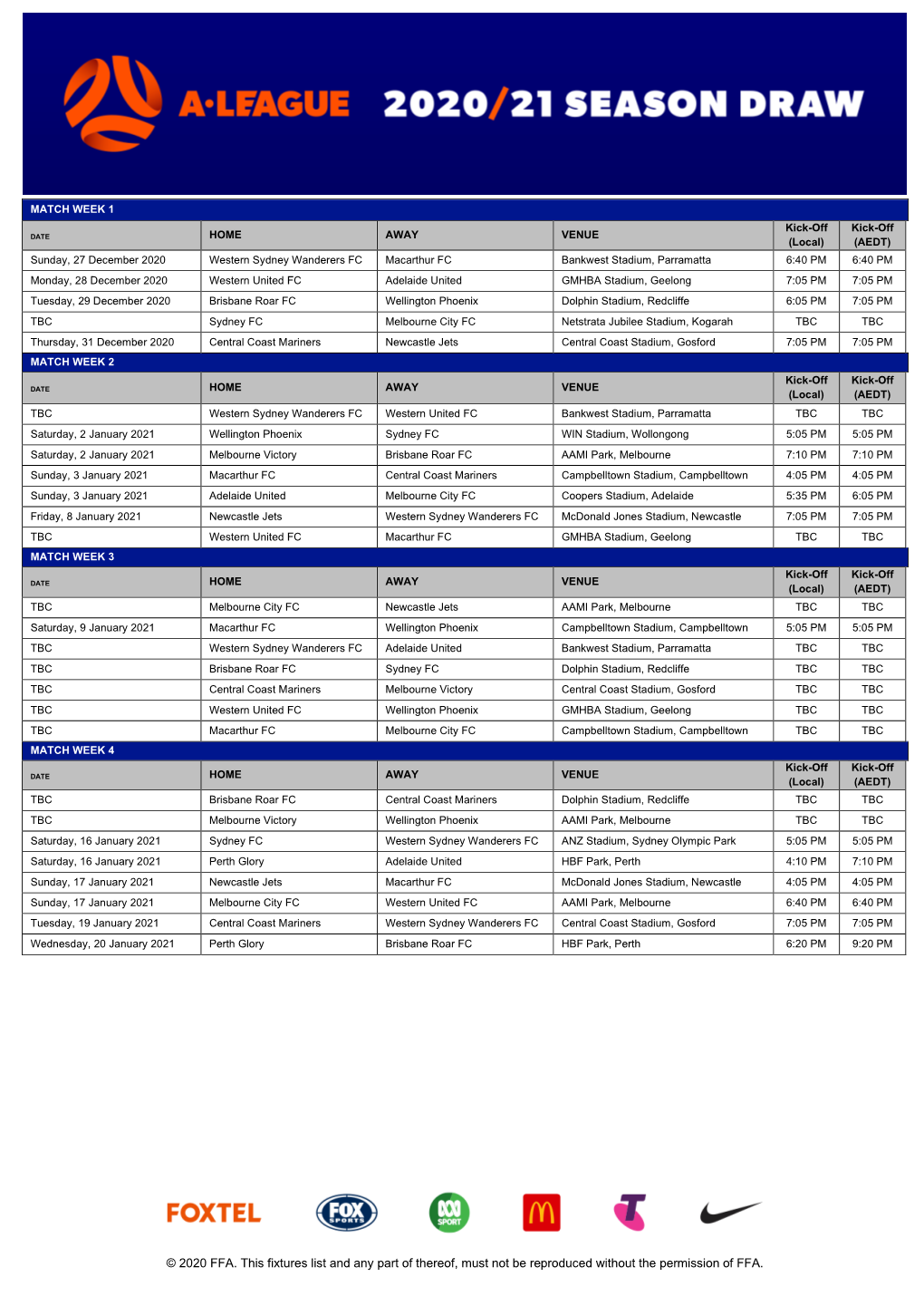 2020 FFA. This Fixtures List and Any Part of Thereof, Must Not Be Reproduced Without the Permission of FFA