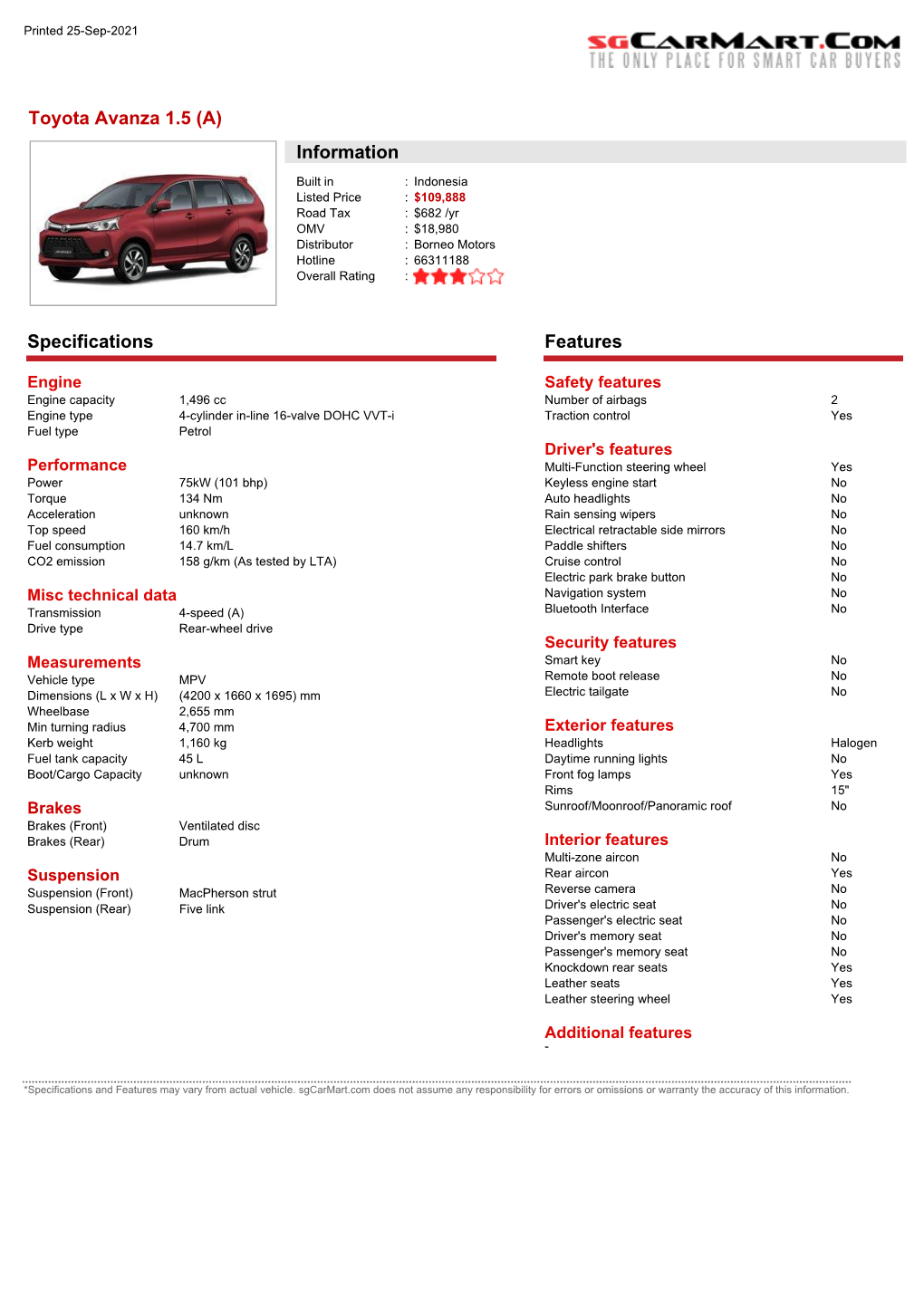 Toyota Avanza 1.5 (A) Information Specifications Features