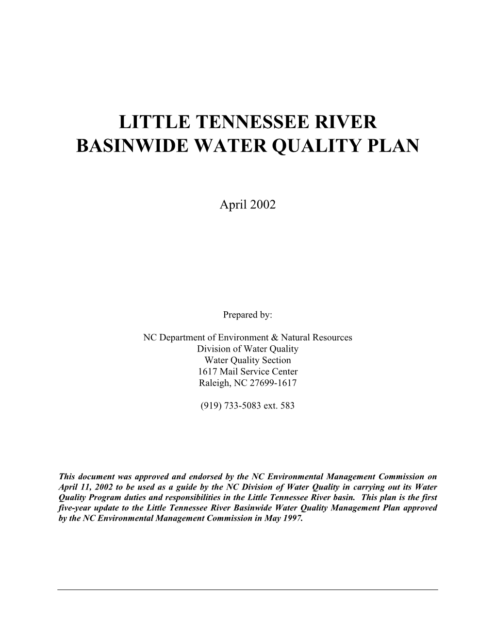 Little Tennessee River Basinwide Water Quality Plan