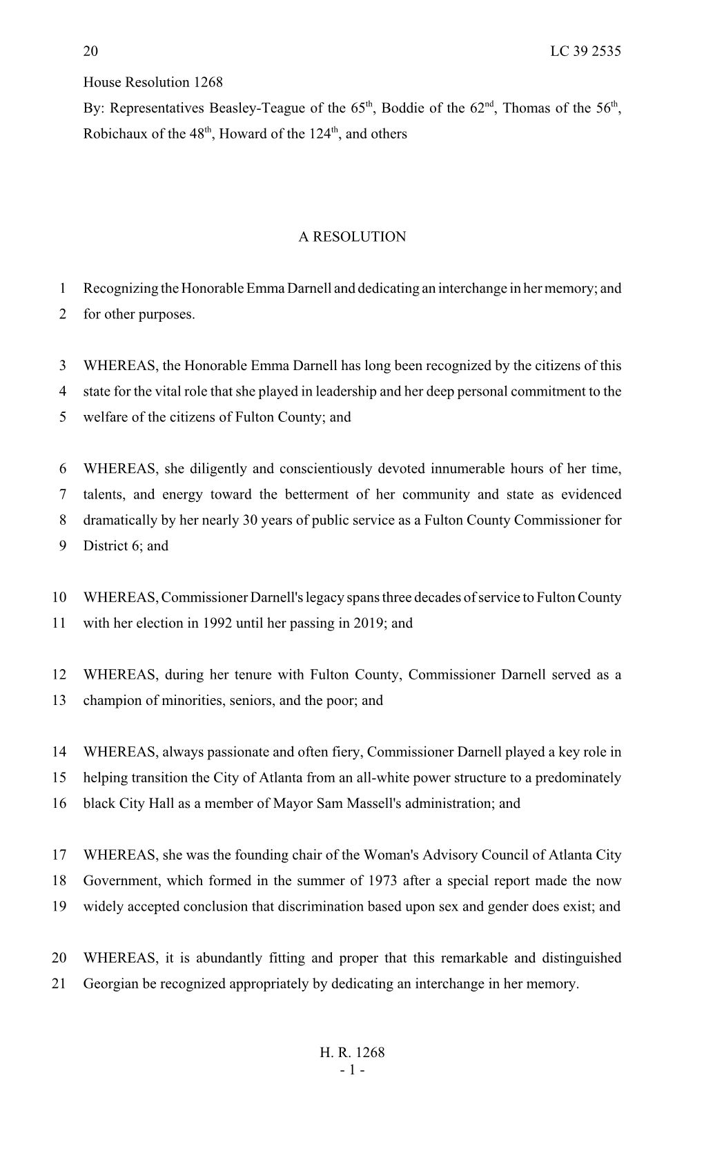 1268 By: Representatives Beasley-Teague of the 65Th, Boddie of the 62Nd, Thomas of the 56Th, Robichaux of the 48Th, Howard of the 124Th, and Others