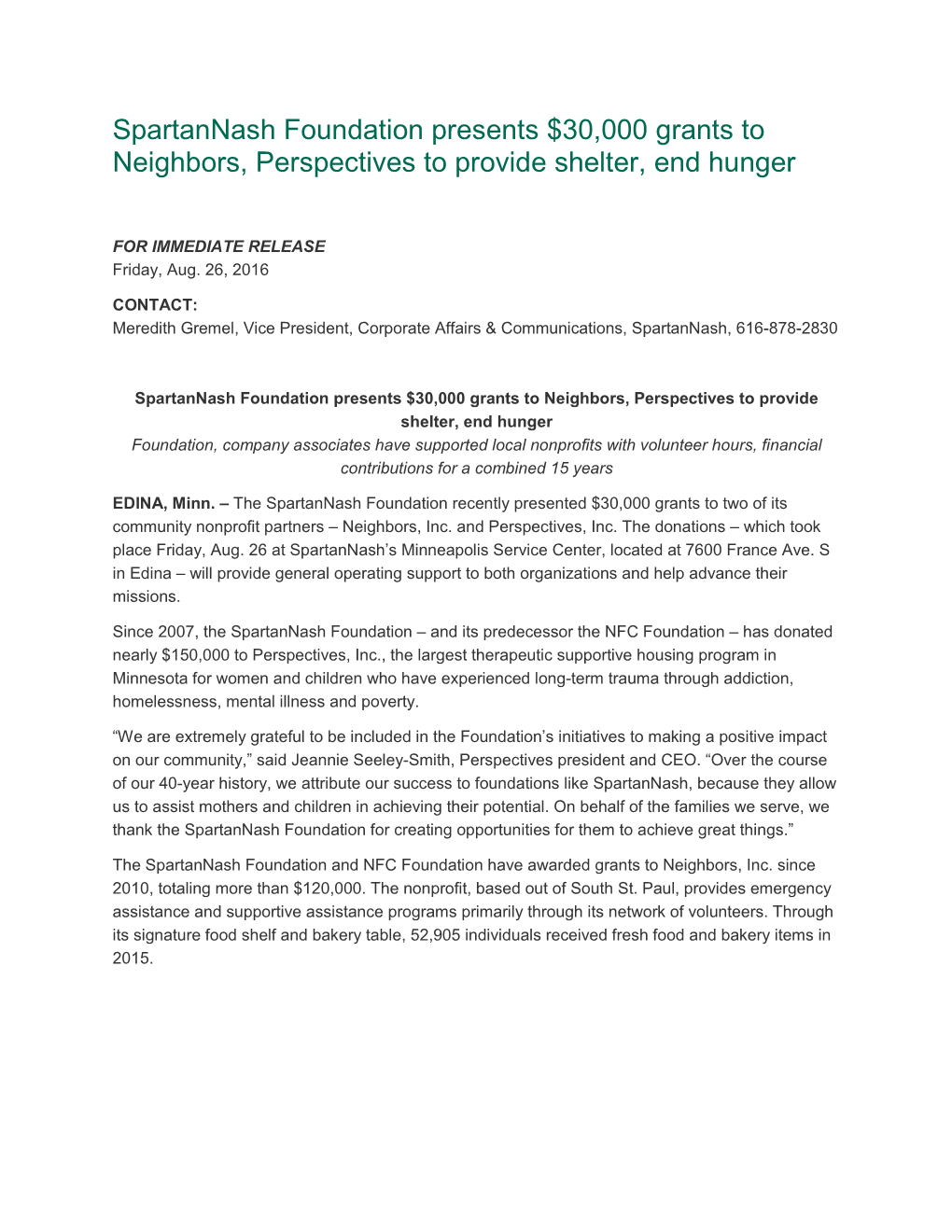 Spartannash Foundation Presents $30,000 Grants to Neighbors, Perspectives to Provide Shelter, End Hunger