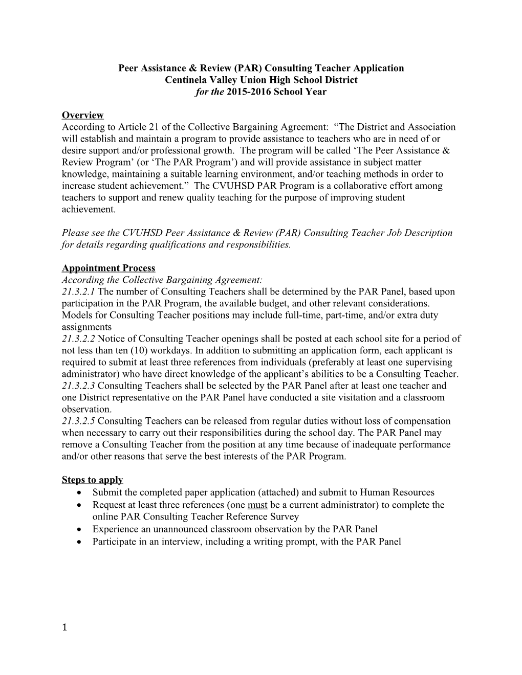 Peer Assistance & Review (PAR) Consulting Teacher Application