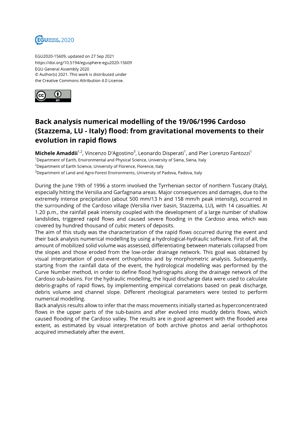 Back Analysis Numerical Modelling of the 19/06/1996 Cardoso (Stazzema, LU - Italy) Flood: from Gravitational Movements to Their Evolution in Rapid Flows