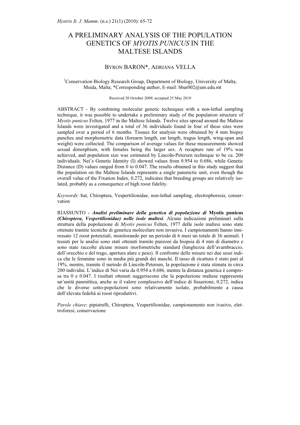 A Preliminary Analysis of the Population Genetics of Myotis Punicus in the Maltese Islands