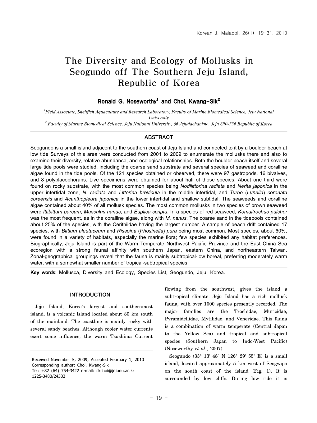 The Diversity and Ecology of Mollusks in Seogundo Off the Southern Jeju Island, Republic of Korea