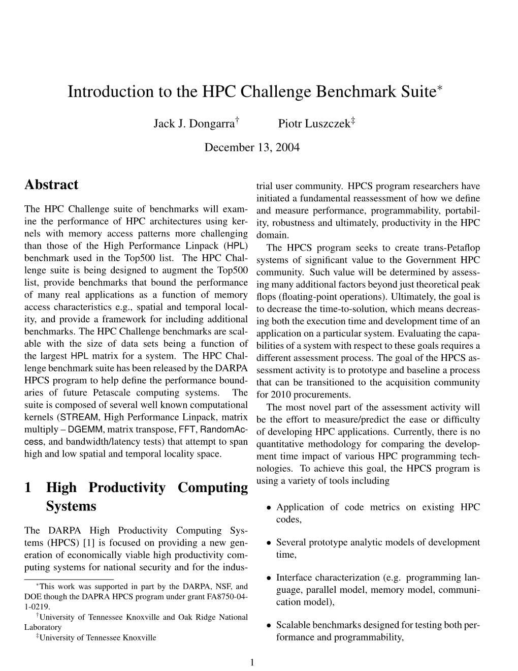 Introduction to the HPC Challenge Benchmark Suite∗