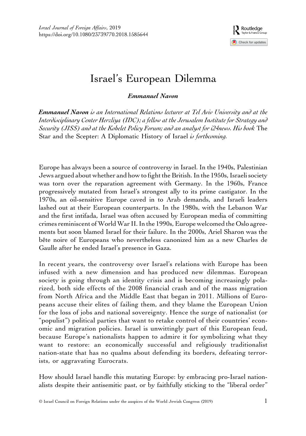 Israel's European Dilemma