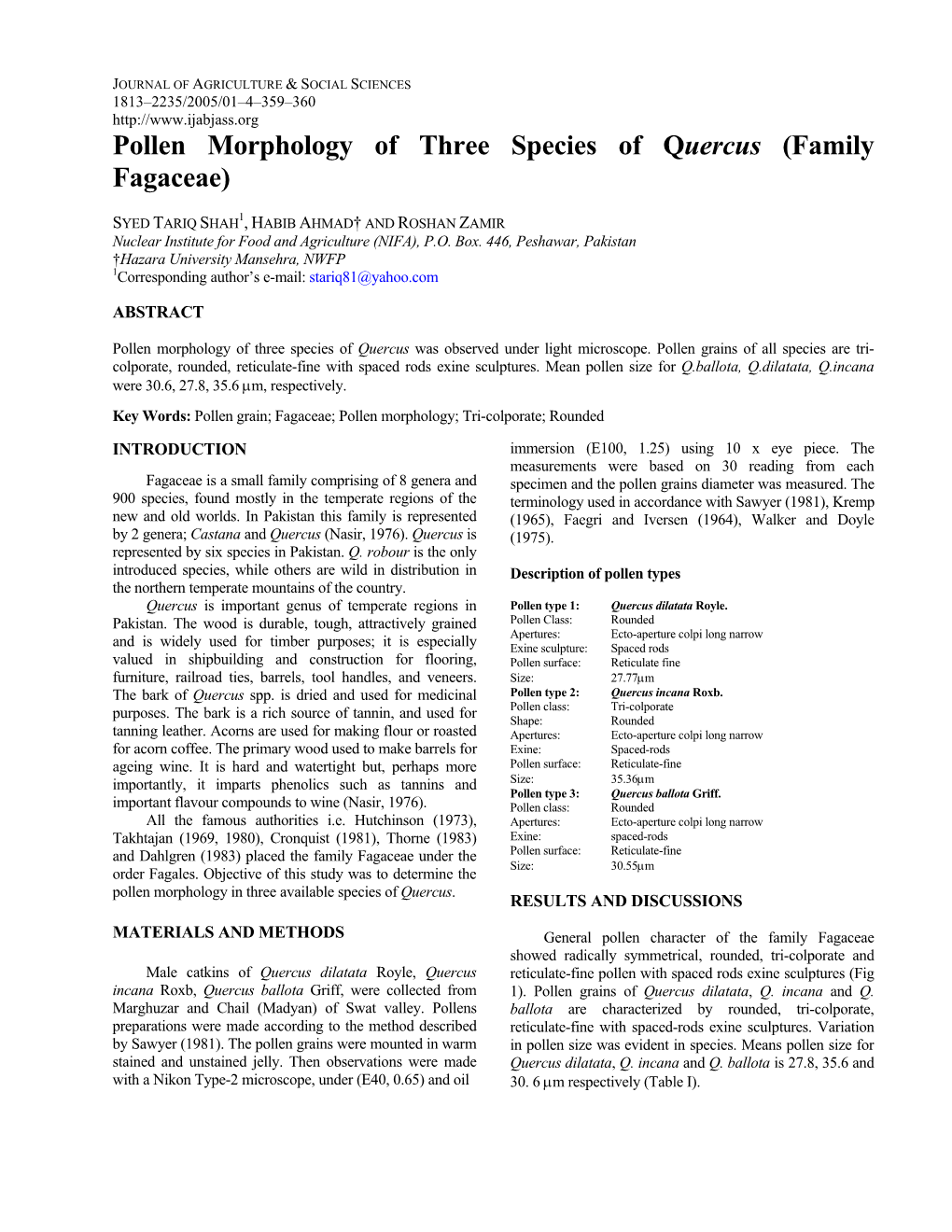 Pollen Morphology of Three Species of Quercus (Family Fagaceae)