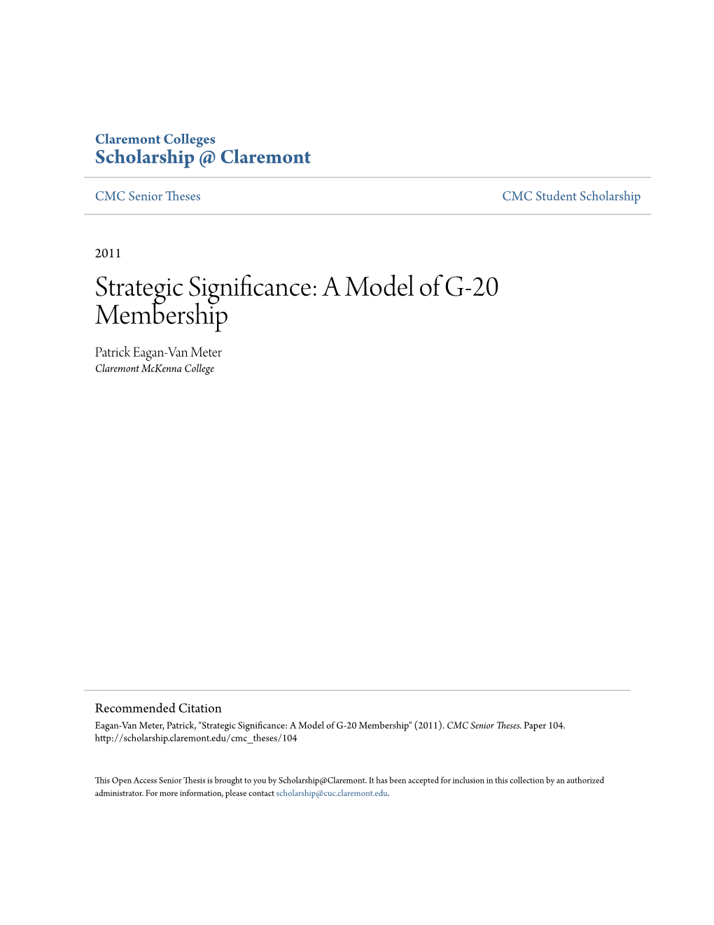 Strategic Significance: a Model of G-20 Membership Patrick Eagan-Van Meter Claremont Mckenna College