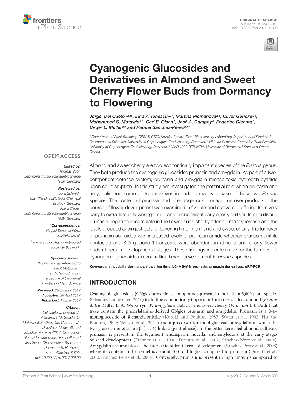 Cyanogenic Glucosides and Derivatives in Almond and Sweet Cherry Flower Buds from Dormancy to Flowering