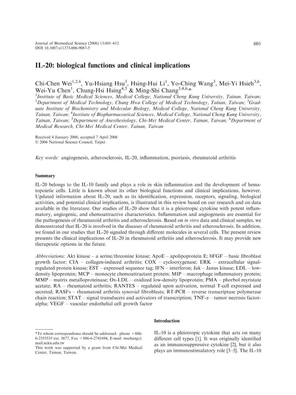 IL-20: Biological Functions and Clinical Implications