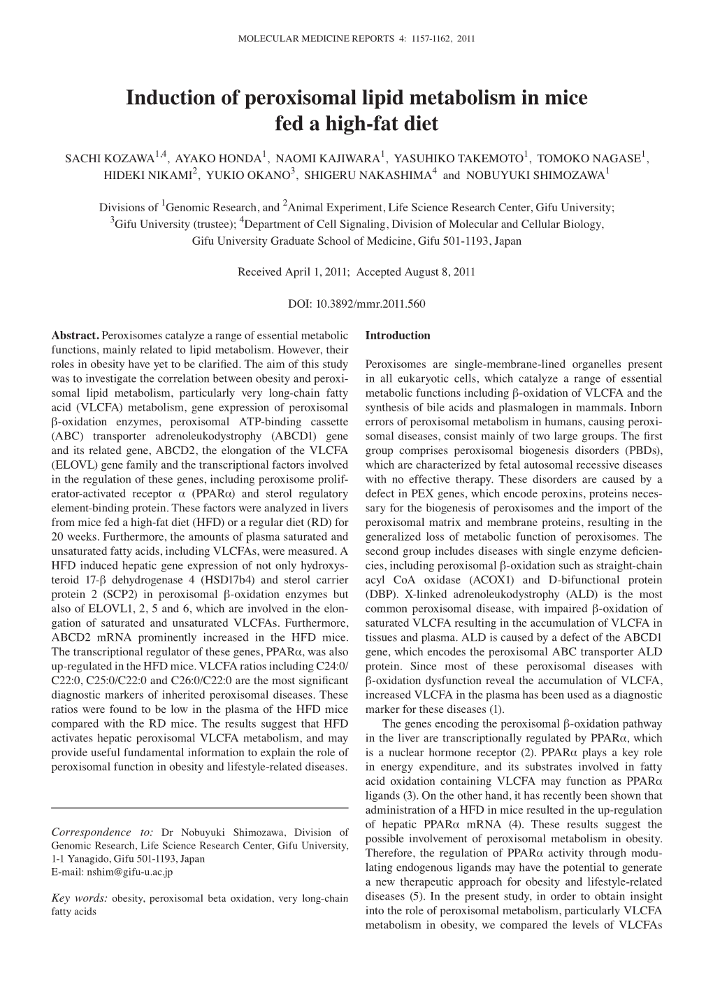 Induction of Peroxisomal Lipid Metabolism in Mice Fed a High-Fat Diet