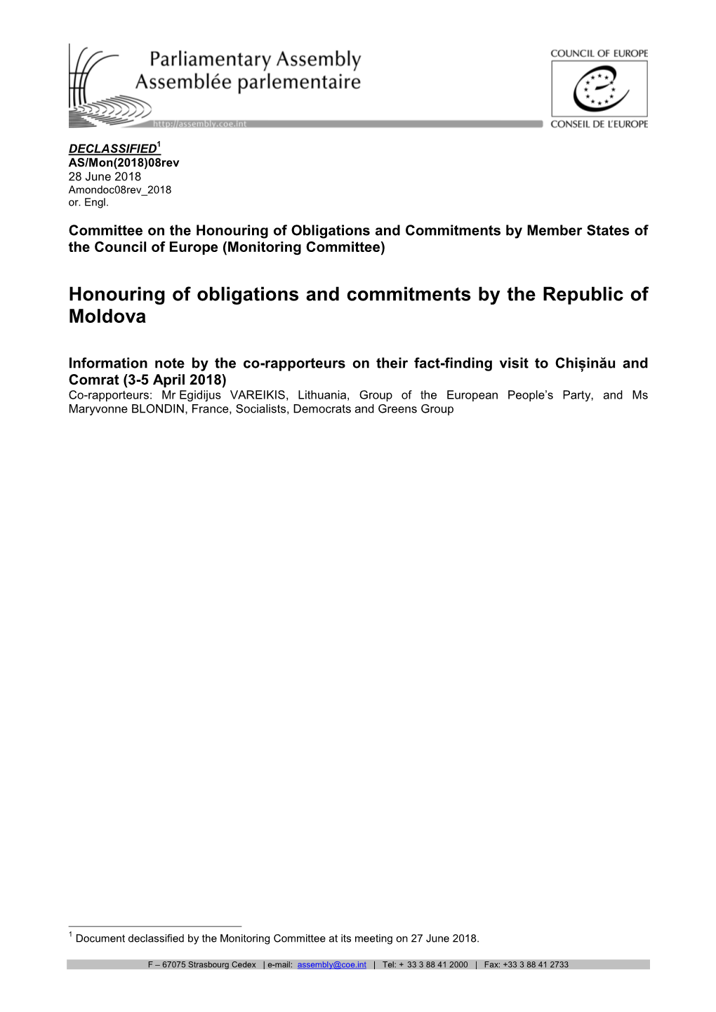 Honouring of Obligations and Commitments by the Republic of Moldova