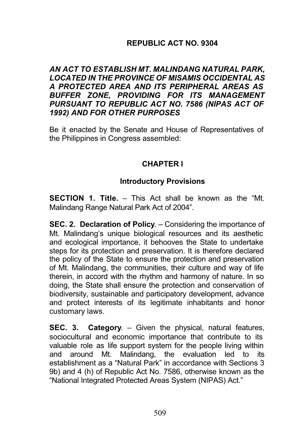 Mt. Malindang Range Natural Park Act, 2004