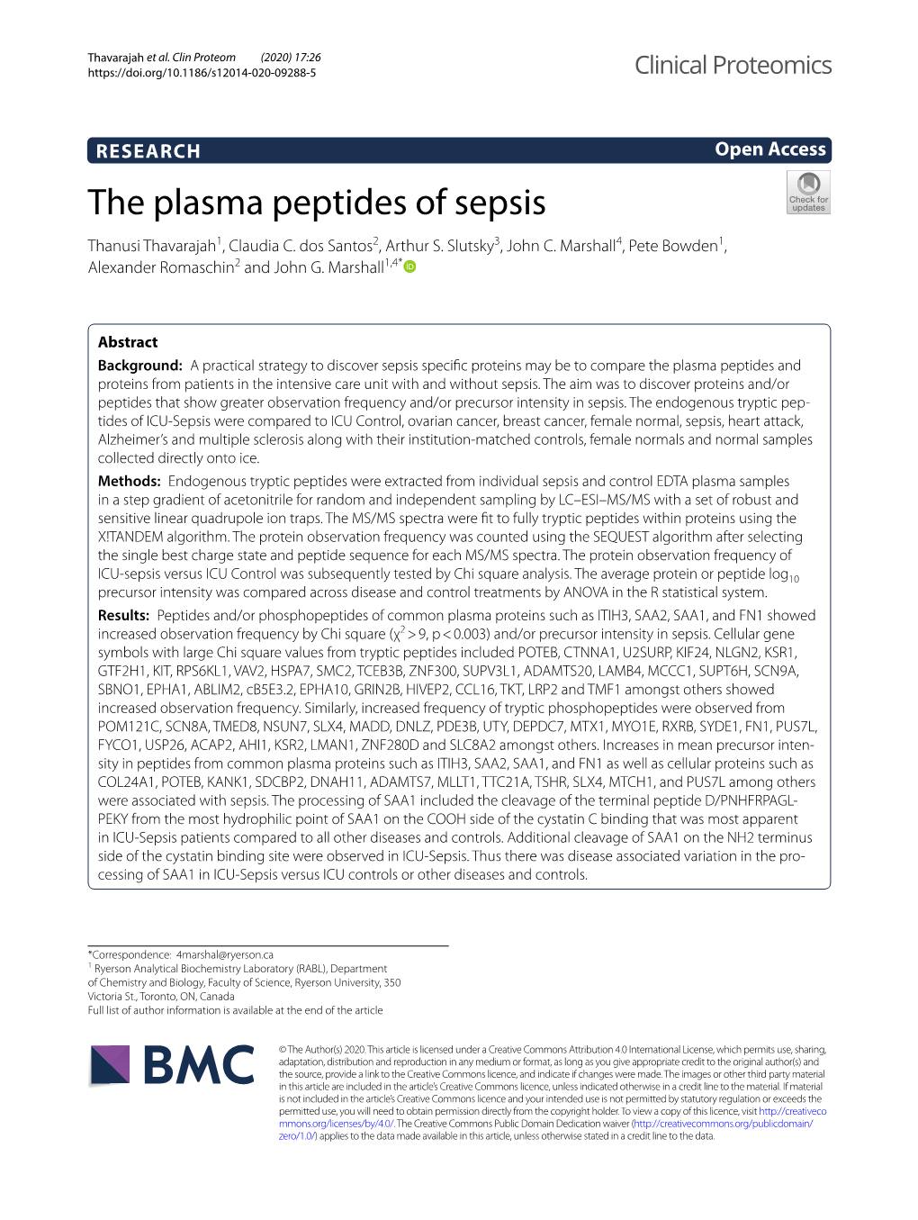 The Plasma Peptides of Sepsis Thanusi Thavarajah1, Claudia C