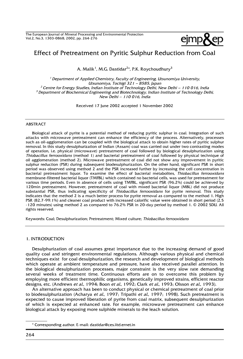 Effect of Pretreatment on Pyritic Sulphur Reduction from Coal