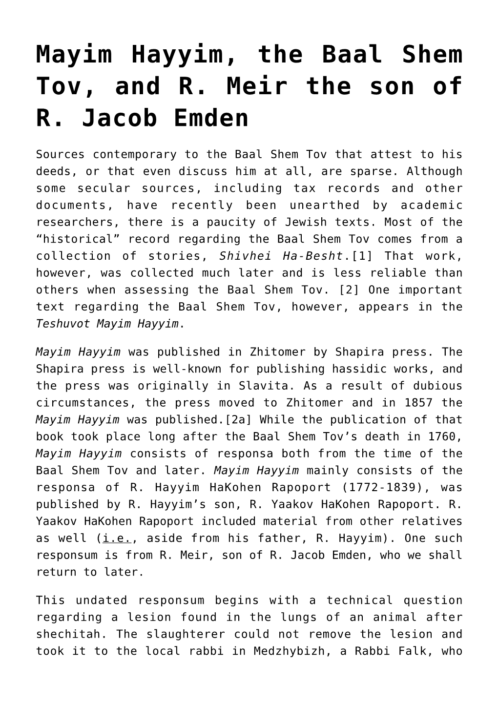 Mayim Hayyim, the Baal Shem Tov, and R. Meir the Son of R. Jacob Emden
