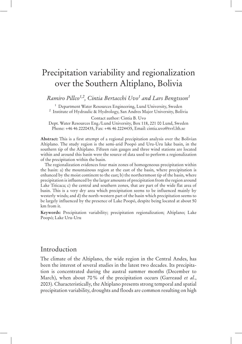 Precipitation Variability and Regionalization Over the Southern Altiplano, Bolivia