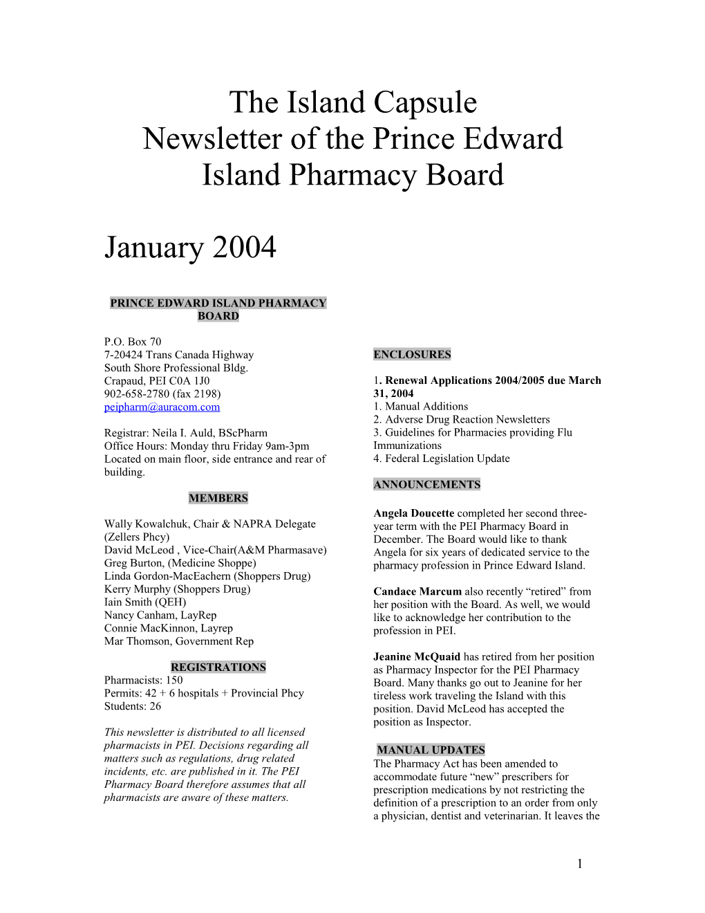 The Island Capsule Newsletter of the Prince Edward Island Pharmacy Board