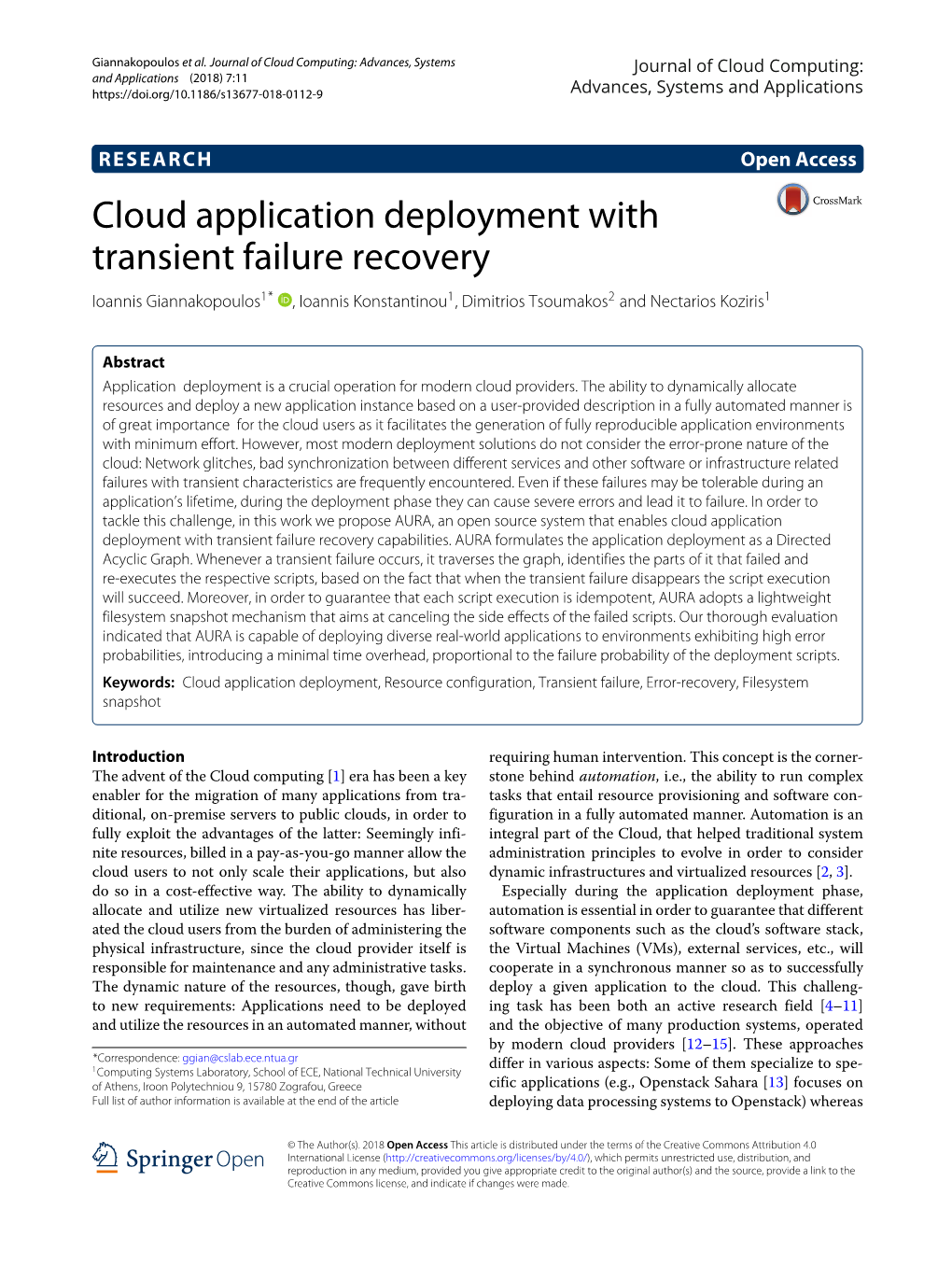 Cloud Application Deployment with Transient Failure Recovery Ioannis Giannakopoulos1* , Ioannis Konstantinou1, Dimitrios Tsoumakos2 and Nectarios Koziris1