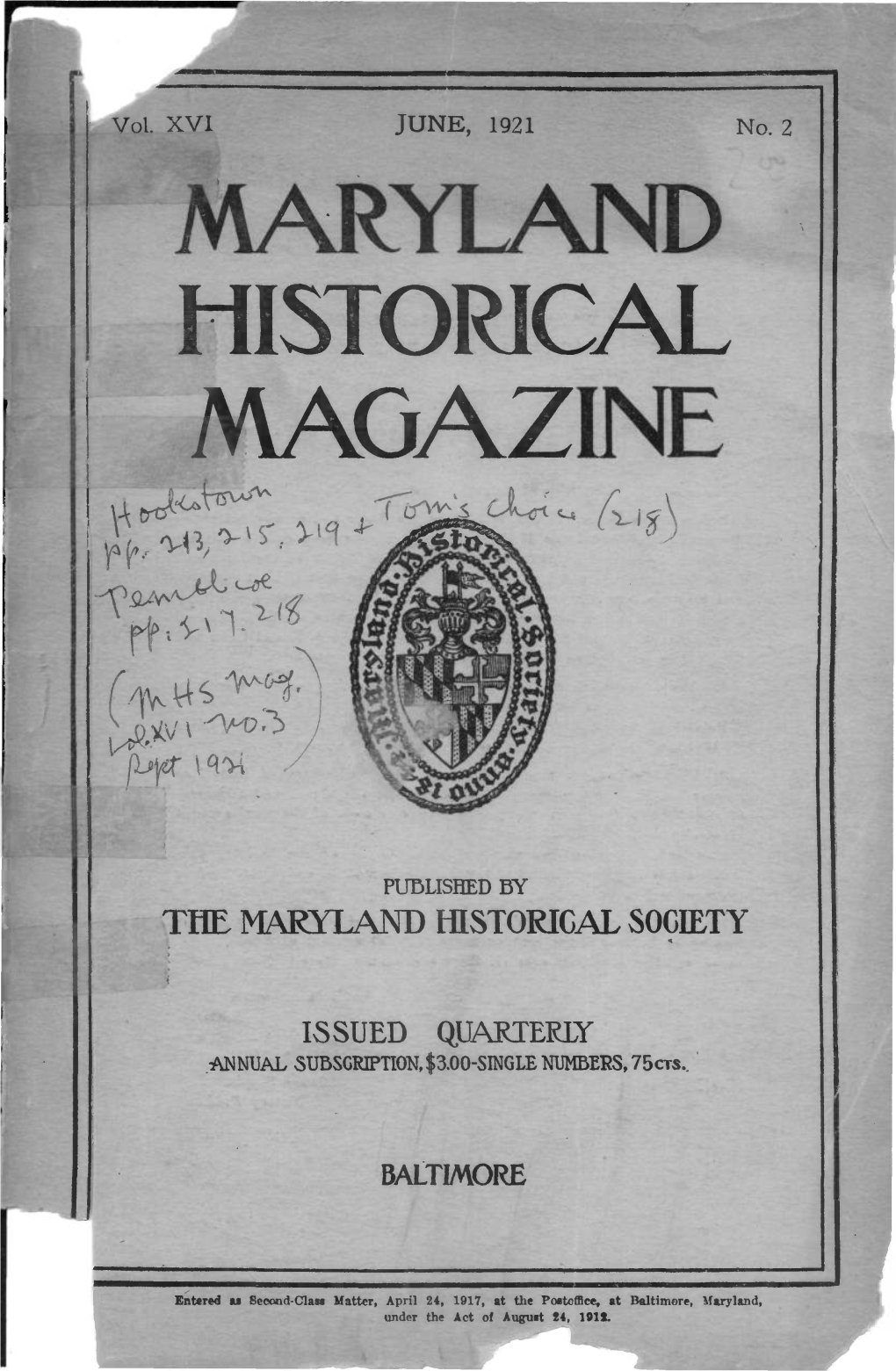 Maryland Historical Magazine, 1921, Volume 16, Issue No. 2