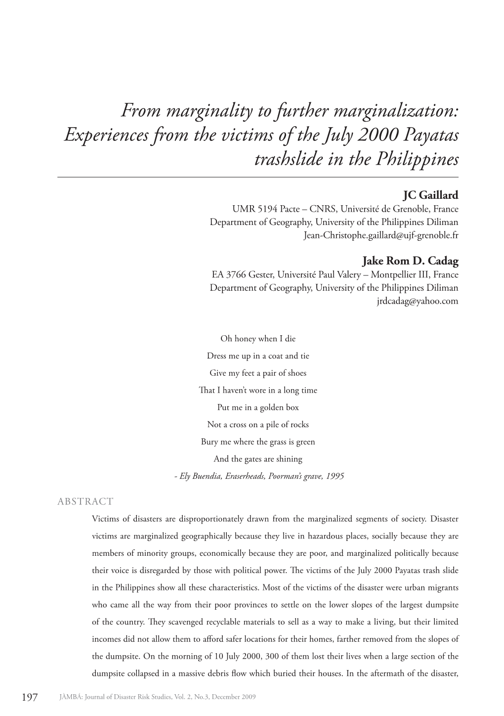 Experiences from the Victims of the July 2000 Payatas Trashslide in the Philippines