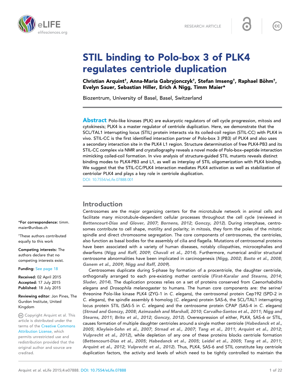STIL Binding to Polo-Box 3 of PLK4 Regulates Centriole Duplication