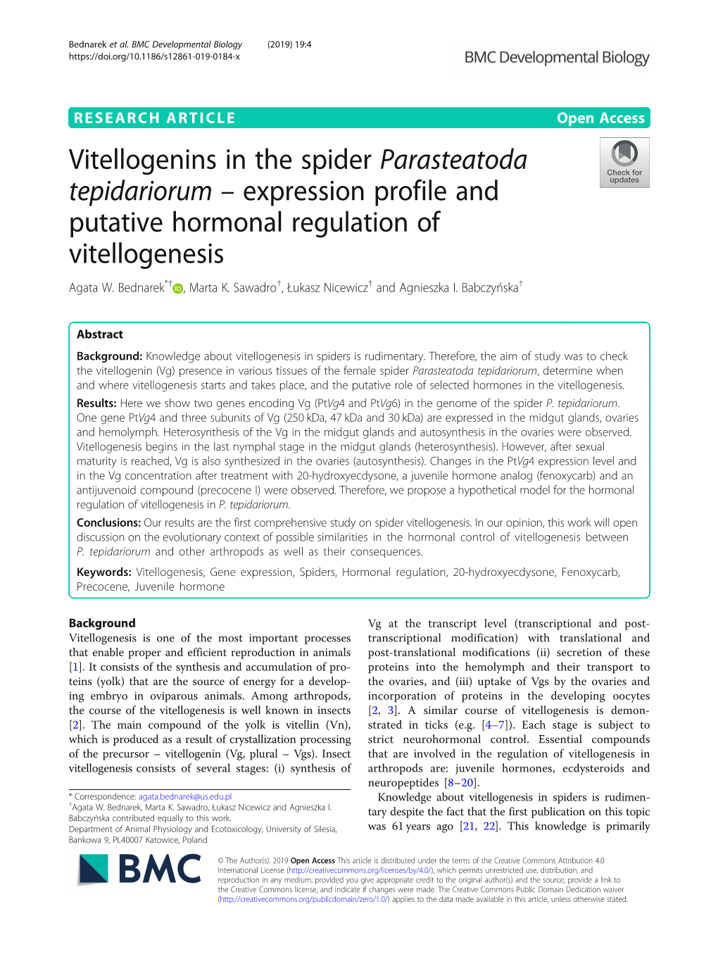 Vitellogenins in the Spider Parasteatoda Tepidariorum – Expression Profile and Putative Hormonal Regulation of Vitellogenesis Agata W
