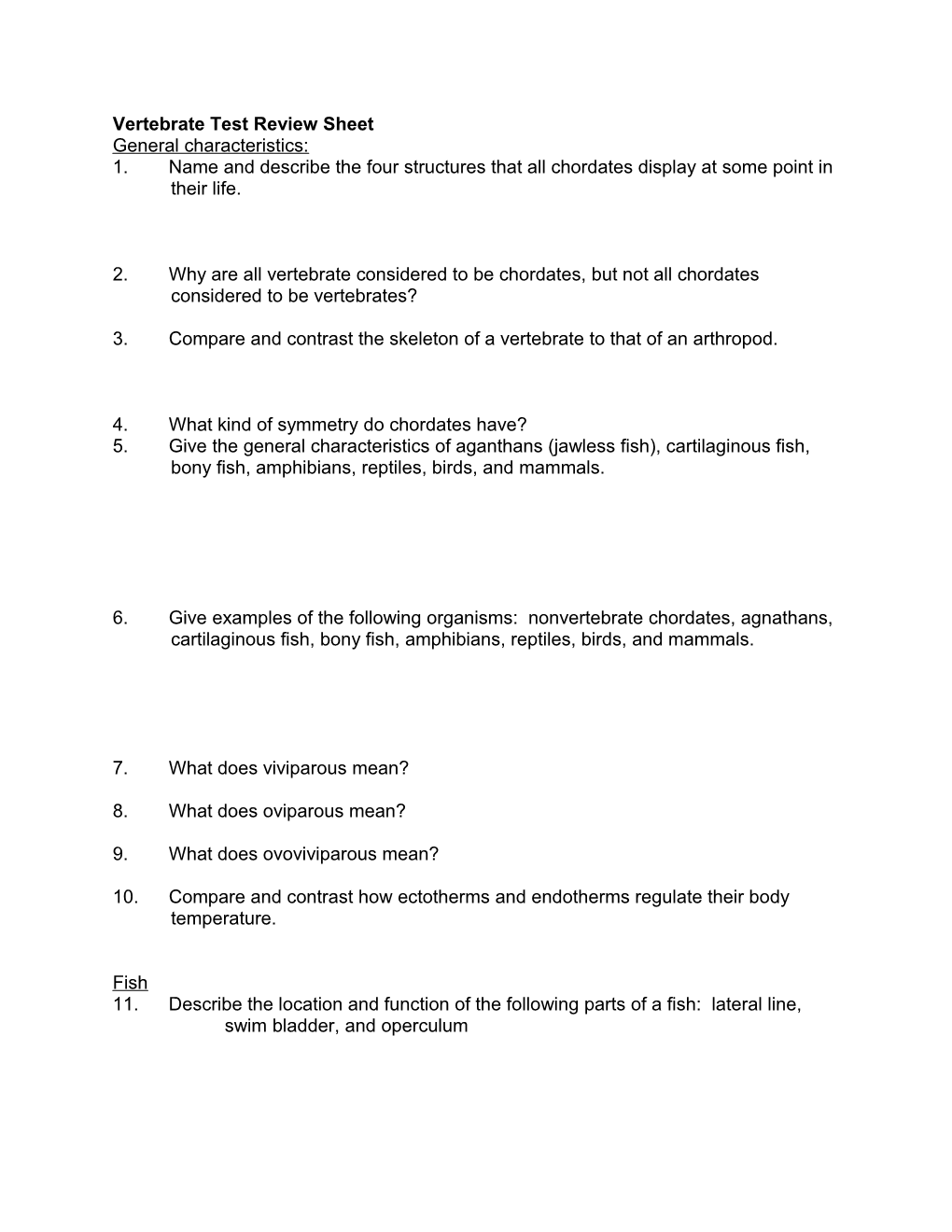 Vertebrate Test Review Sheet