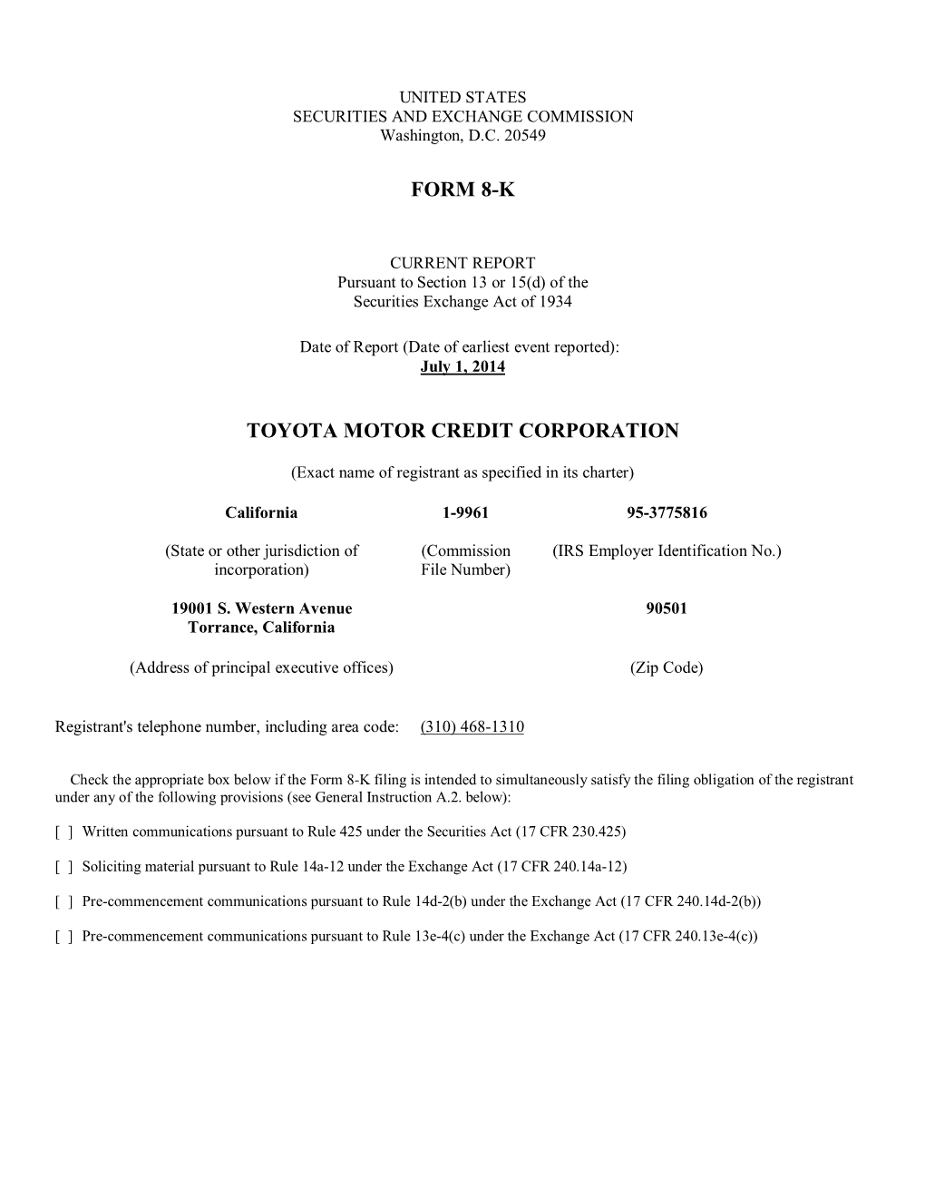 Form 8-K Toyota Motor Credit Corporation