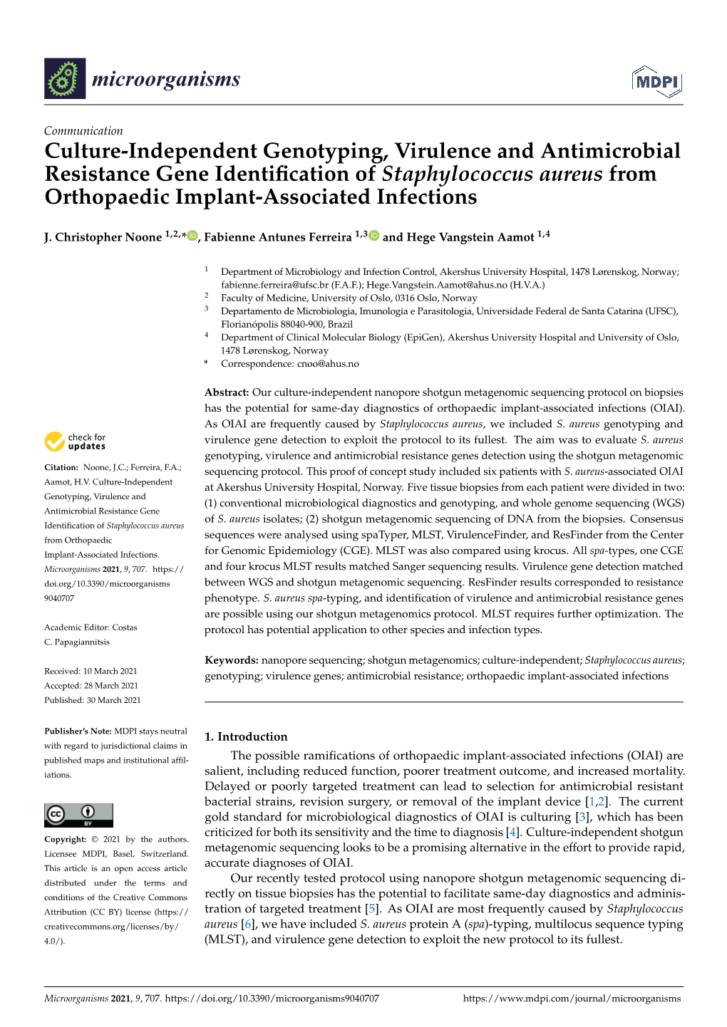 Culture-Independent Genotyping, Virulence and Antimicrobial Resistance Gene Identiﬁcation of Staphylococcus Aureus from Orthopaedic Implant-Associated Infections