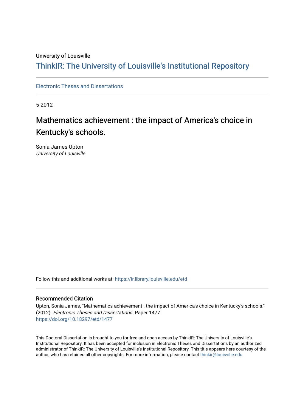 Mathematics Achievement : the Impact of America's Choice in Kentucky's Schools