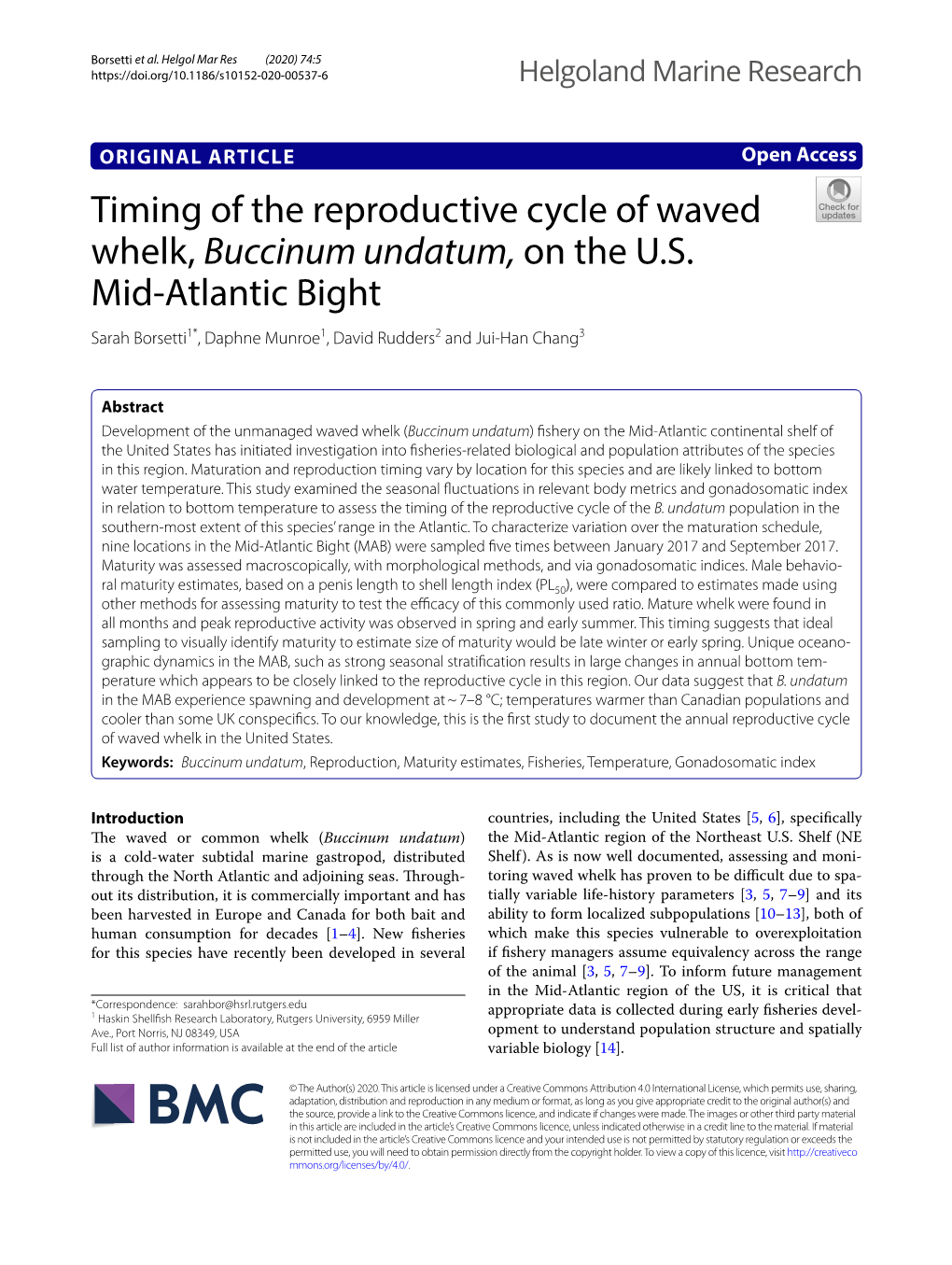 Timing of the Reproductive Cycle of Waved Whelk, Buccinum Undatum, on the U.S