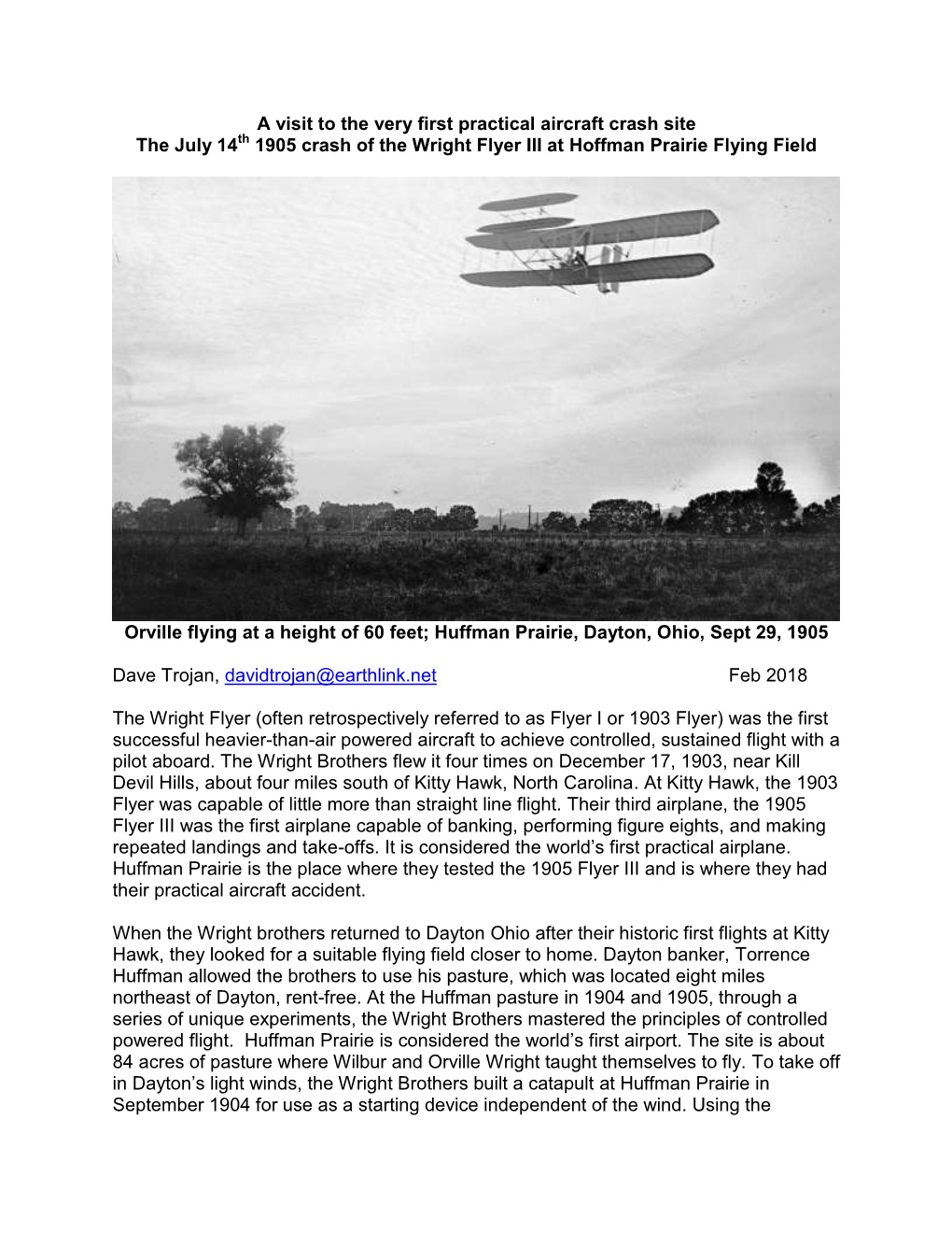 A Visit to the Very First Practical Aircraft Crash Site the July 14 1905 Crash of the Wright Flyer III at Hoffman Prairie Flying