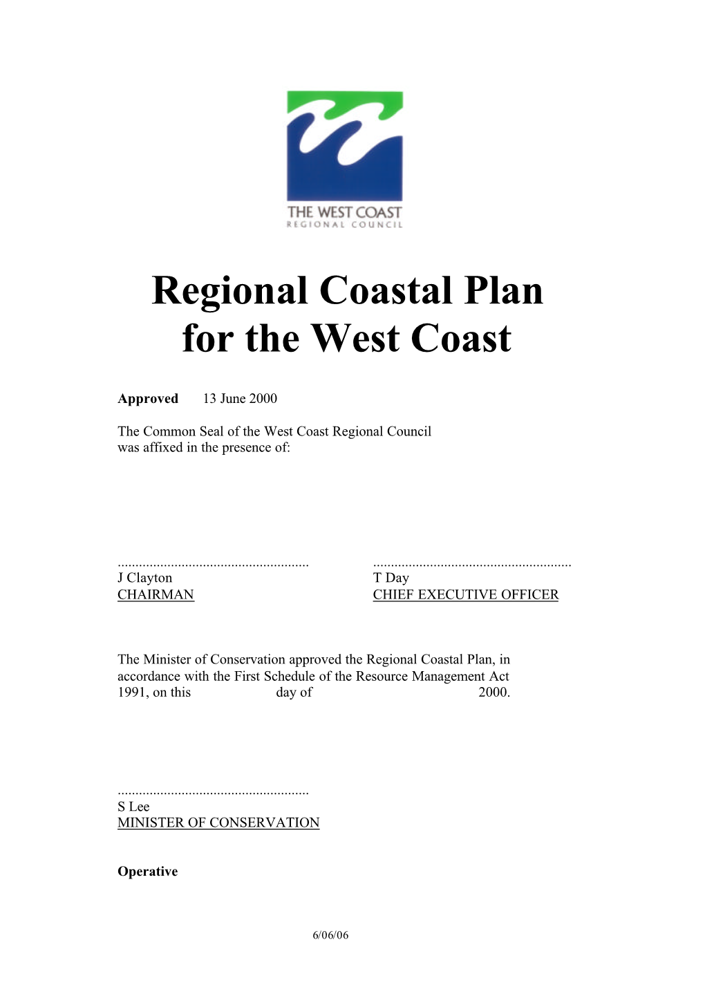 West Coast Regional Coastal Plan