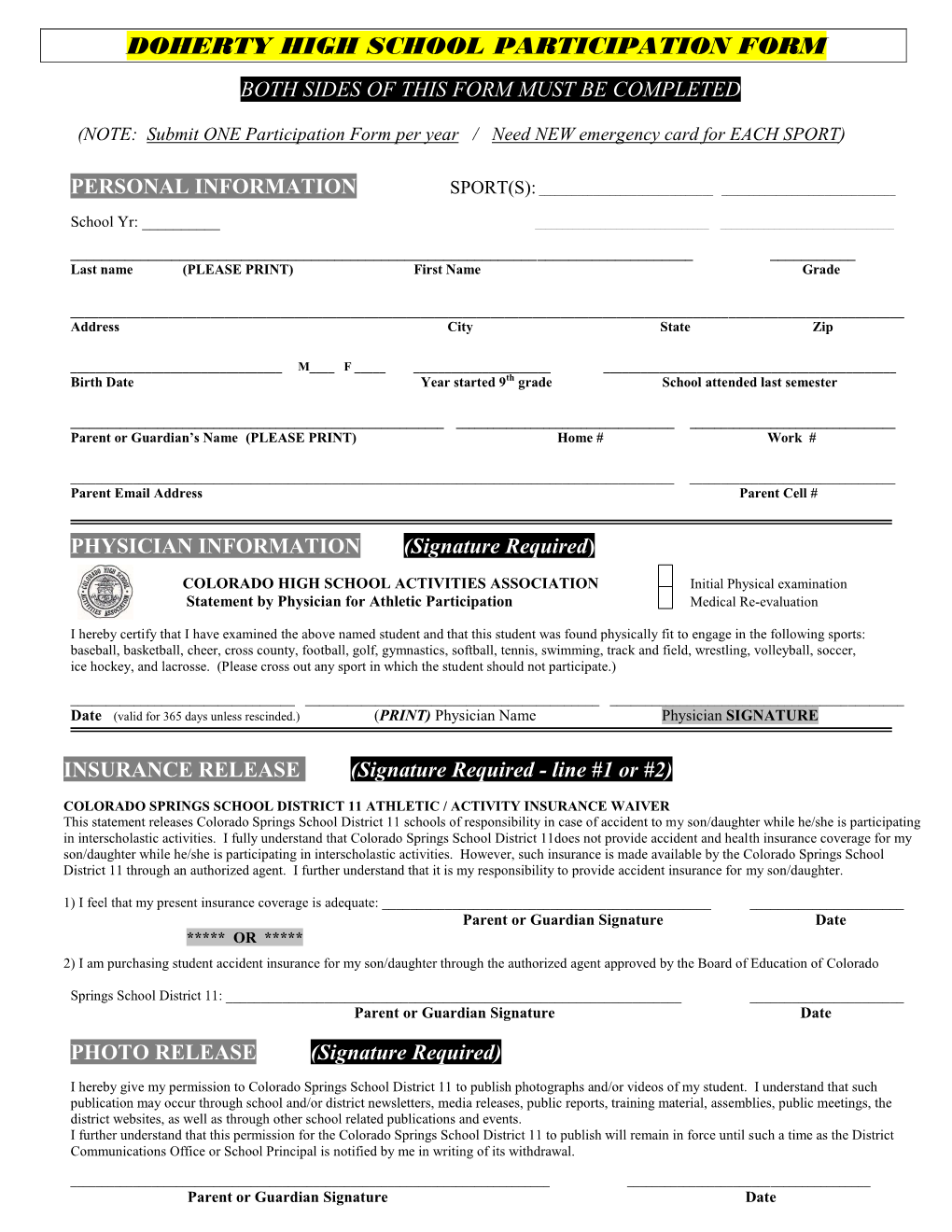 Doherty High School Participation Form